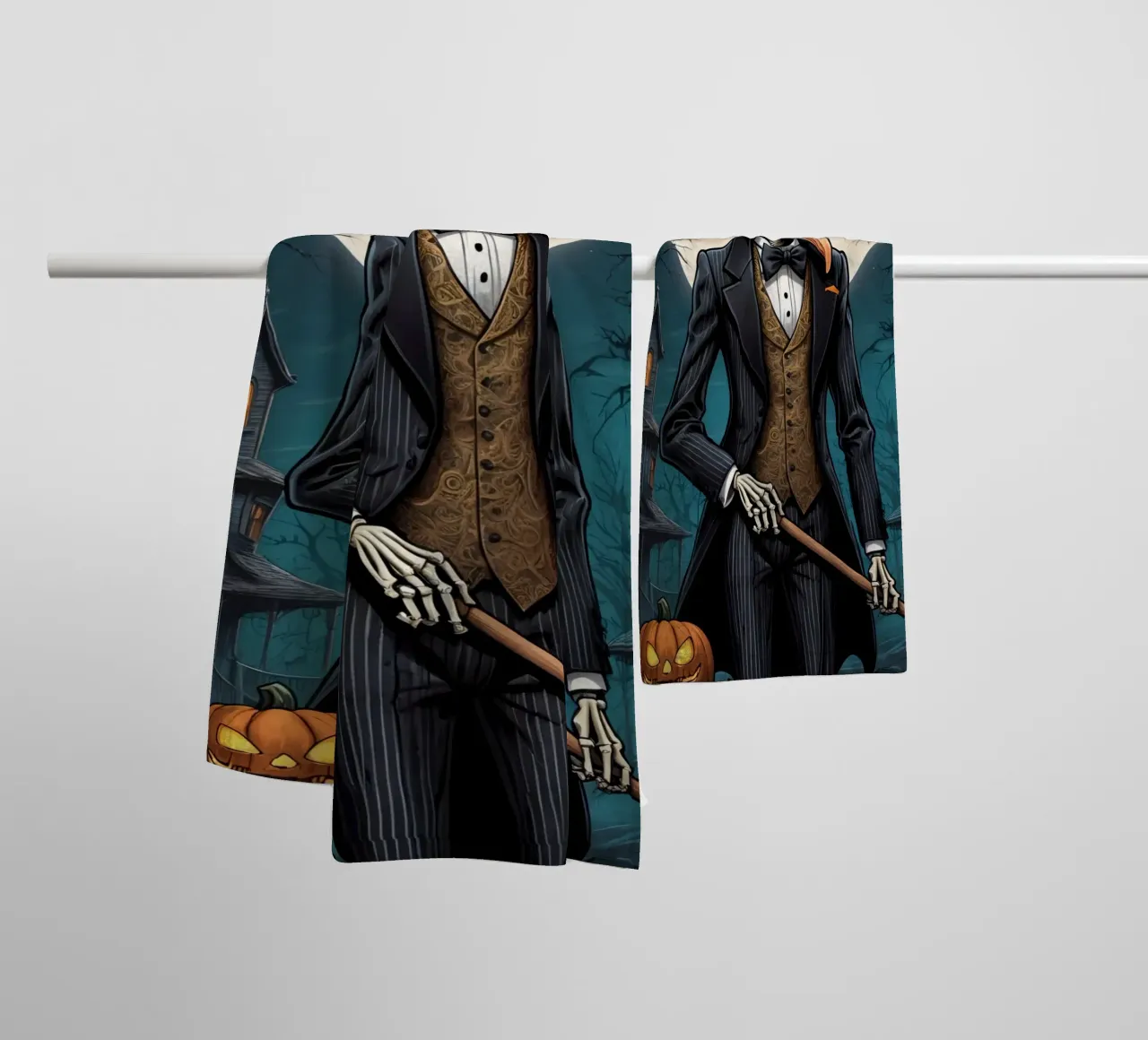 Scheletro in abito da cerimonia con zucca a becco di uccello e scopa asciugamano da bagno da DesignDoodle
