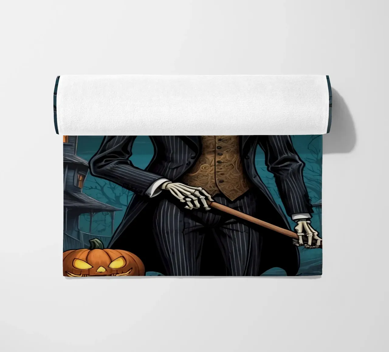 Scheletro in abito da cerimonia con zucca a becco di uccello e scopa telo mare da DesignDoodle