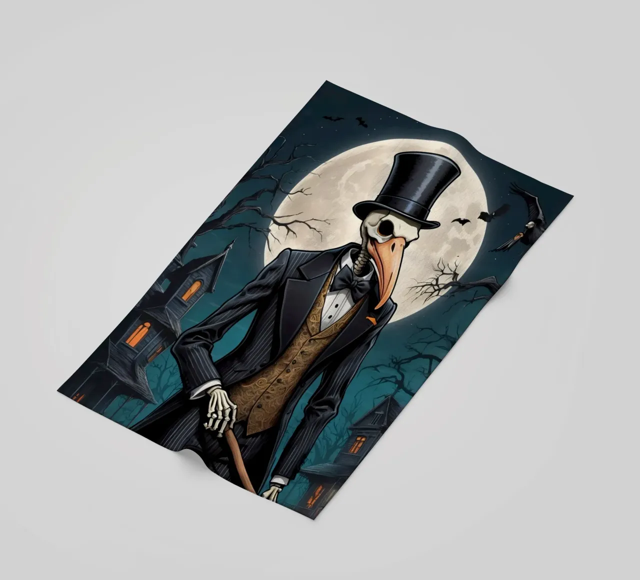 Scheletro in abito da cerimonia con zucca a becco di uccello e scopa telo mare da DesignDoodle