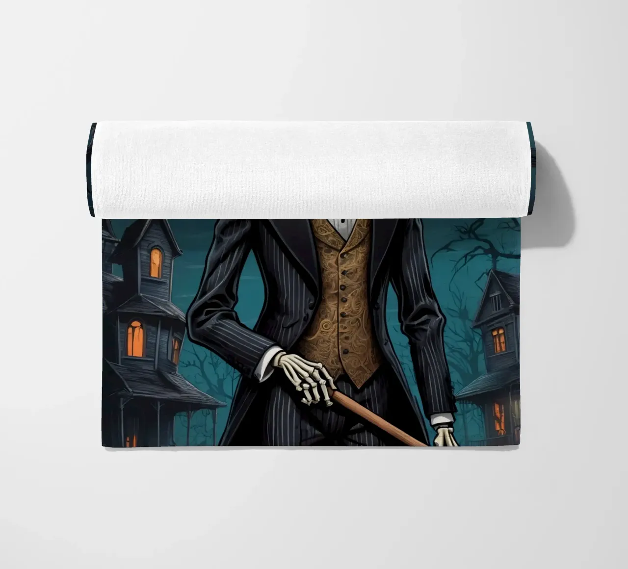 Scheletro in abito da cerimonia con zucca a becco di uccello e scopa telo mare da DesignDoodle