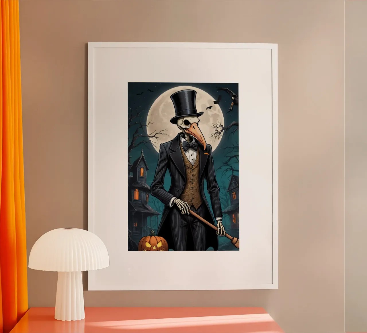 Scheletro in abito da cerimonia con zucca a becco di uccello e scopa poster da DesignDoodle