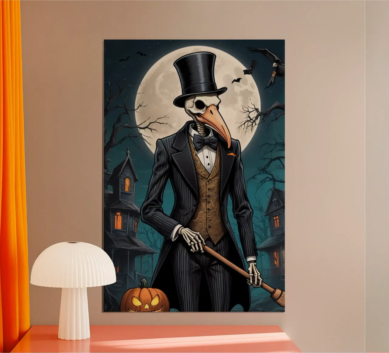 Scheletro in abito da cerimonia con zucca a becco di uccello e scopa poster da DesignDoodle