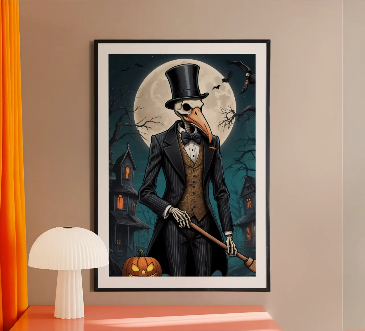 Scheletro in abito da cerimonia con zucca a becco di uccello e scopa poster da DesignDoodle
