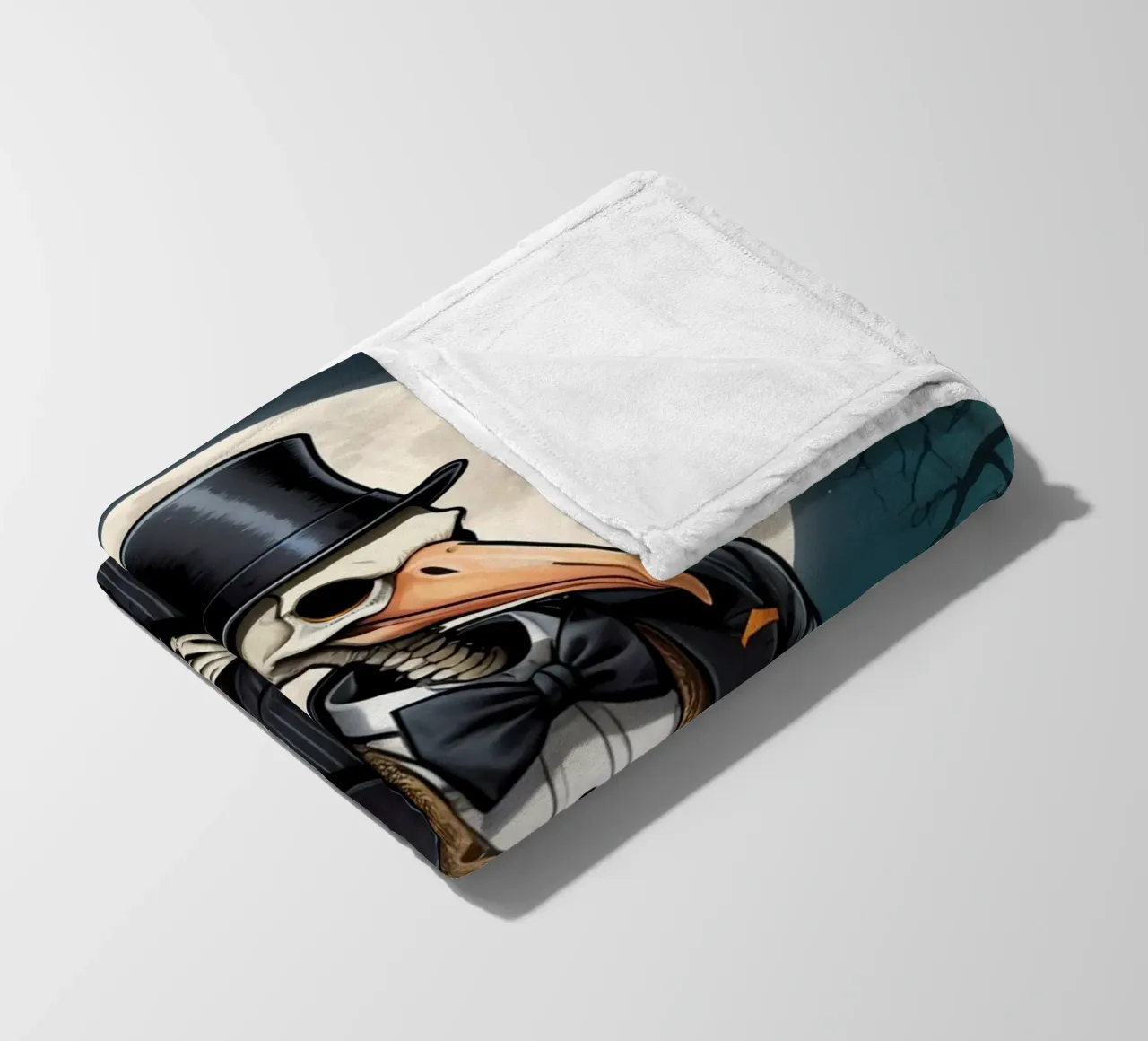 Scheletro in abito da cerimonia con zucca a becco di uccello e scopa coperta in pile da DesignDoodle