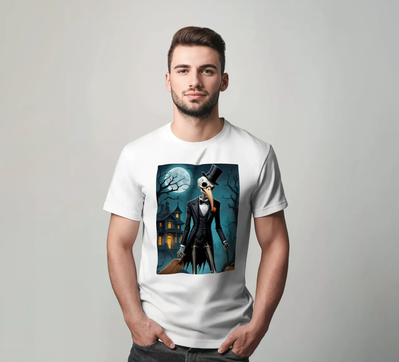Scheletro in smoking con pala e zucca t-shirt da DesignDoodle