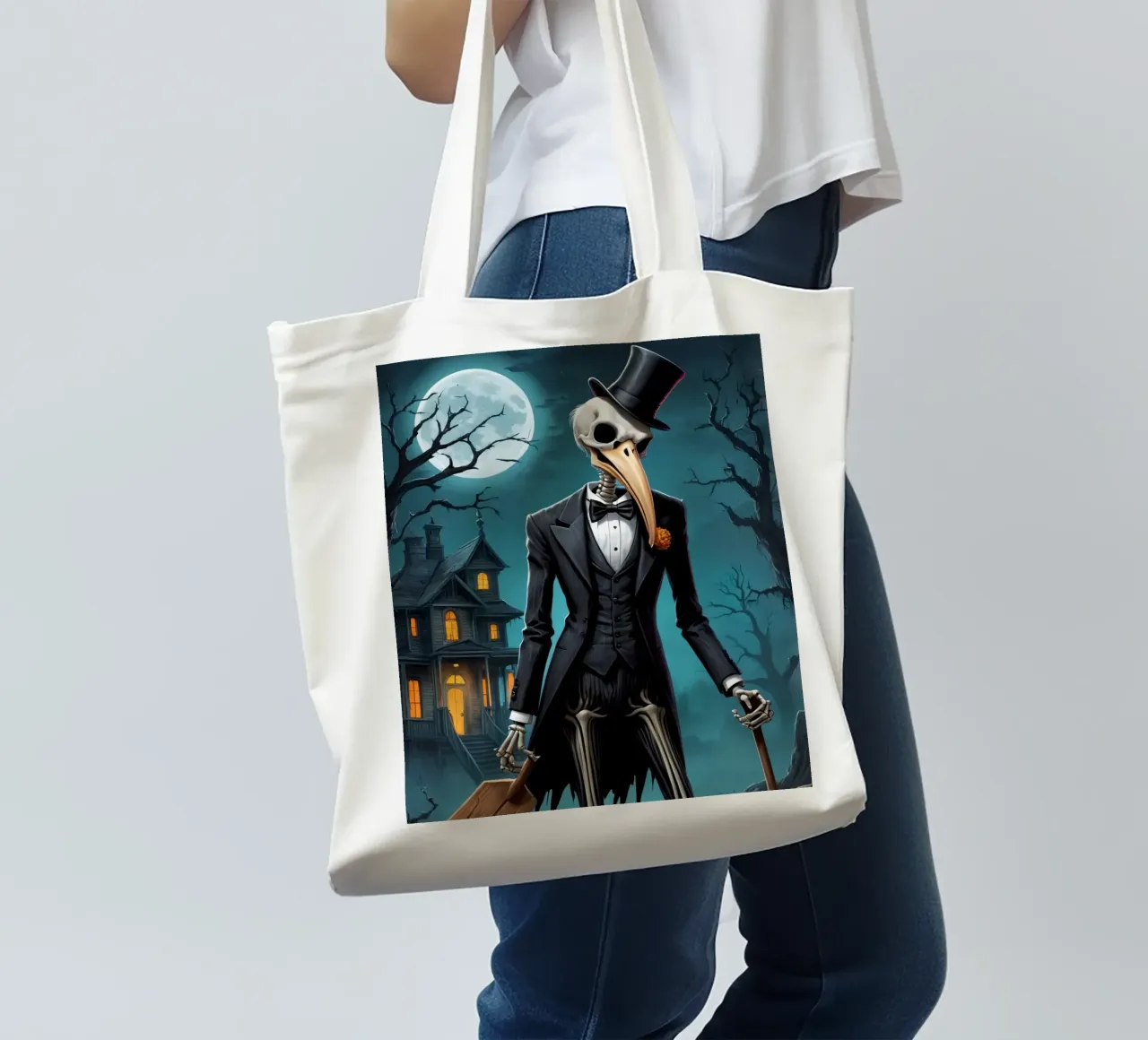 Scheletro in smoking con pala e zucca borsa in juta da DesignDoodle