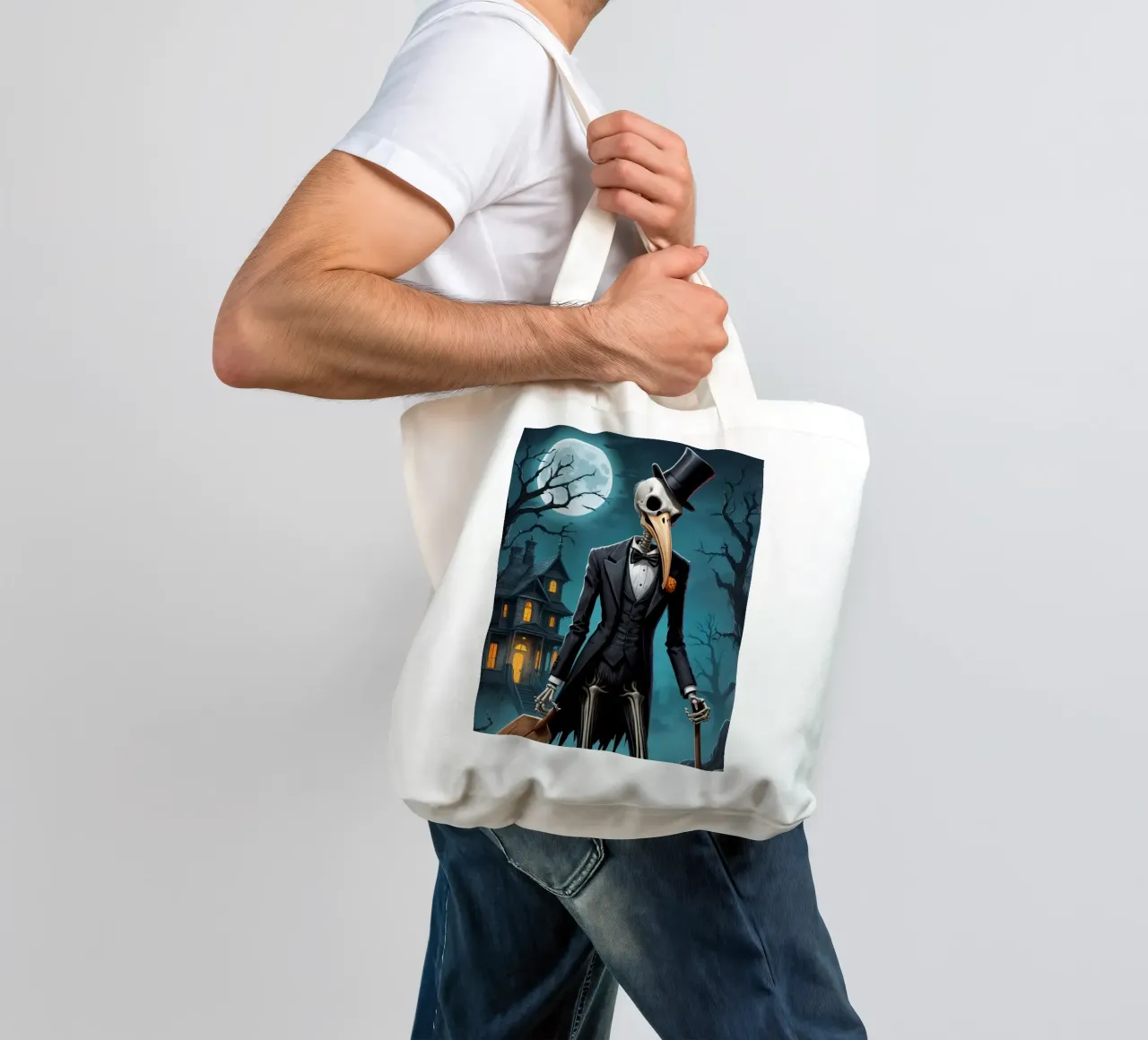 Scheletro in smoking con pala e zucca borsa in juta da DesignDoodle