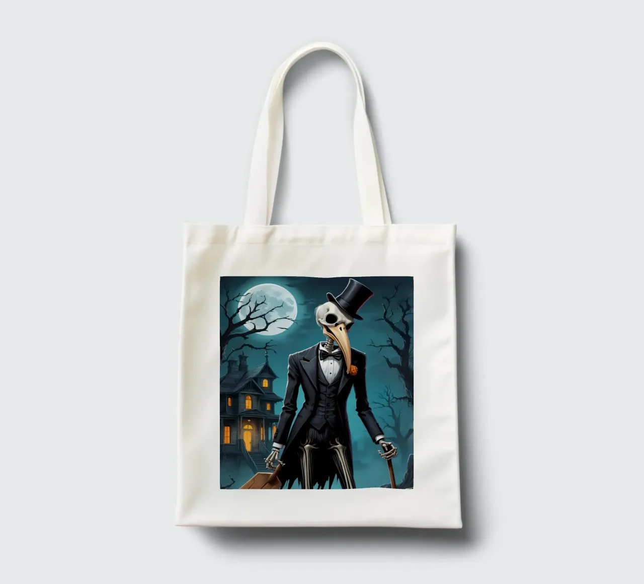 Scheletro in smoking con pala e zucca borsa in juta da DesignDoodle