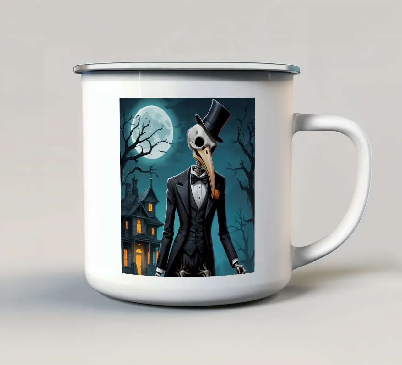 Skeleton in Tuxedo with Shovel and Pumpkin enamel mug by DesignDoodle