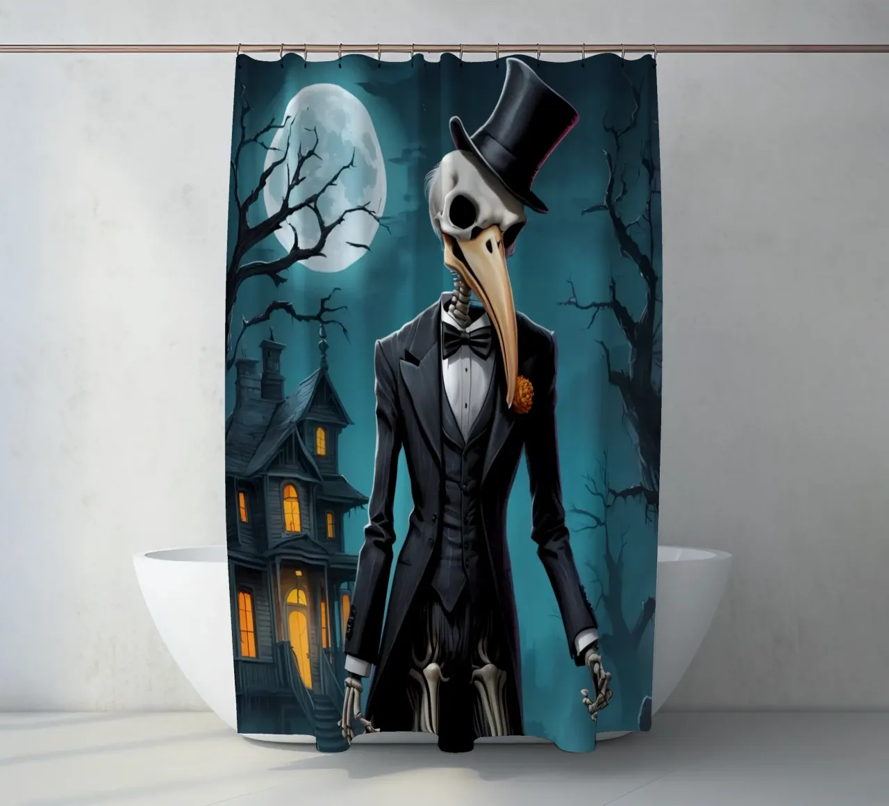 Scheletro in smoking con pala e zucca tenda da doccia da DesignDoodle