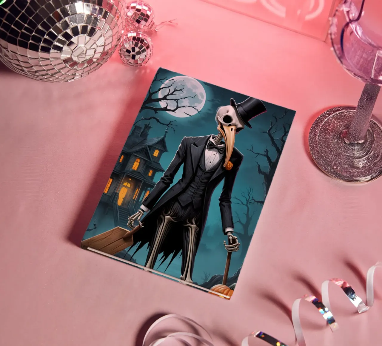Skeleton in Tuxedo with Shovel and Pumpkin notebook by DesignDoodle
