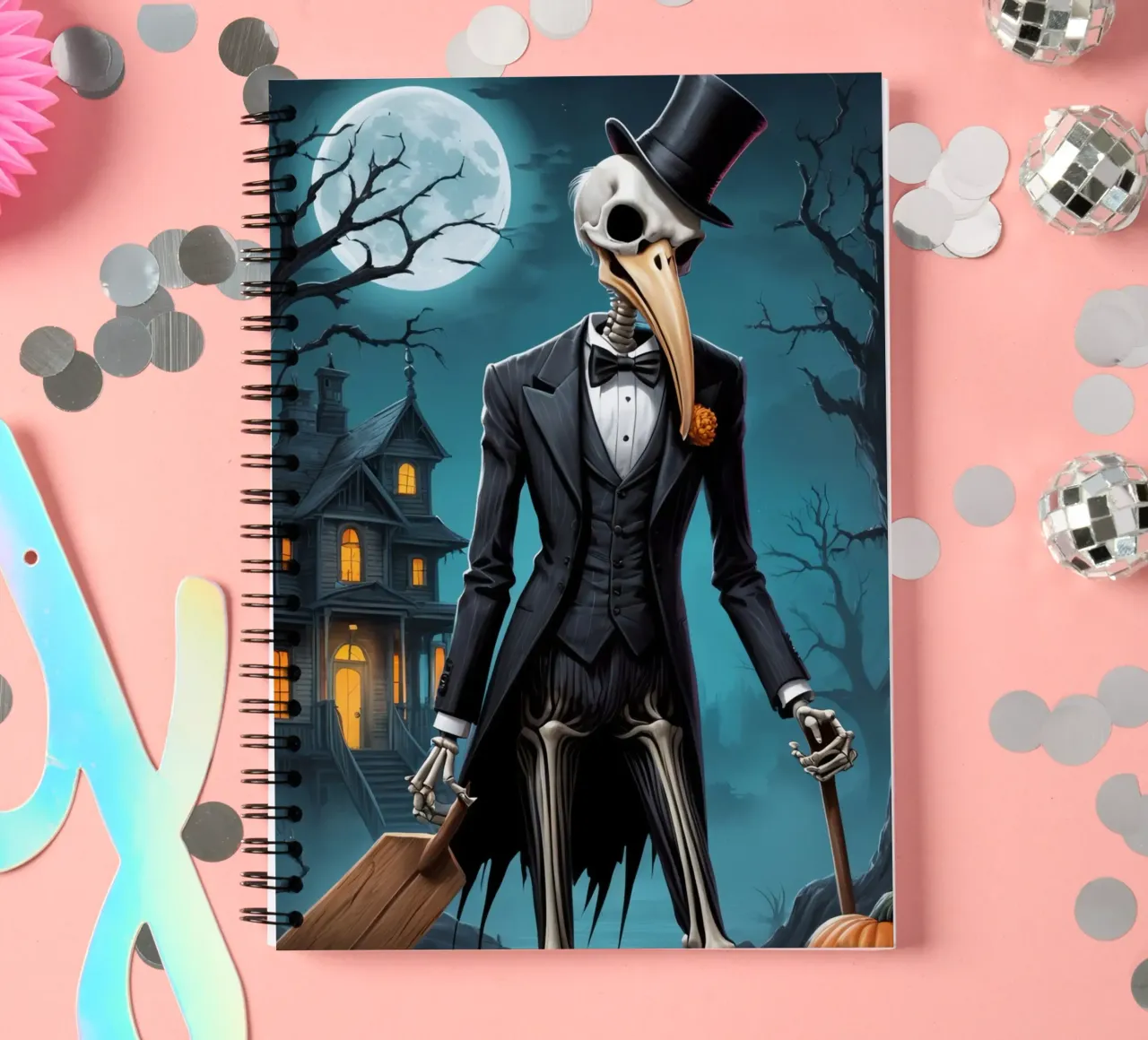 Skeleton in Tuxedo with Shovel and Pumpkin spiral notebook by DesignDoodle