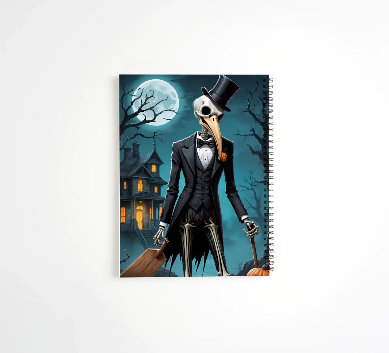 Skeleton in Tuxedo with Shovel and Pumpkin spiral notebook by DesignDoodle