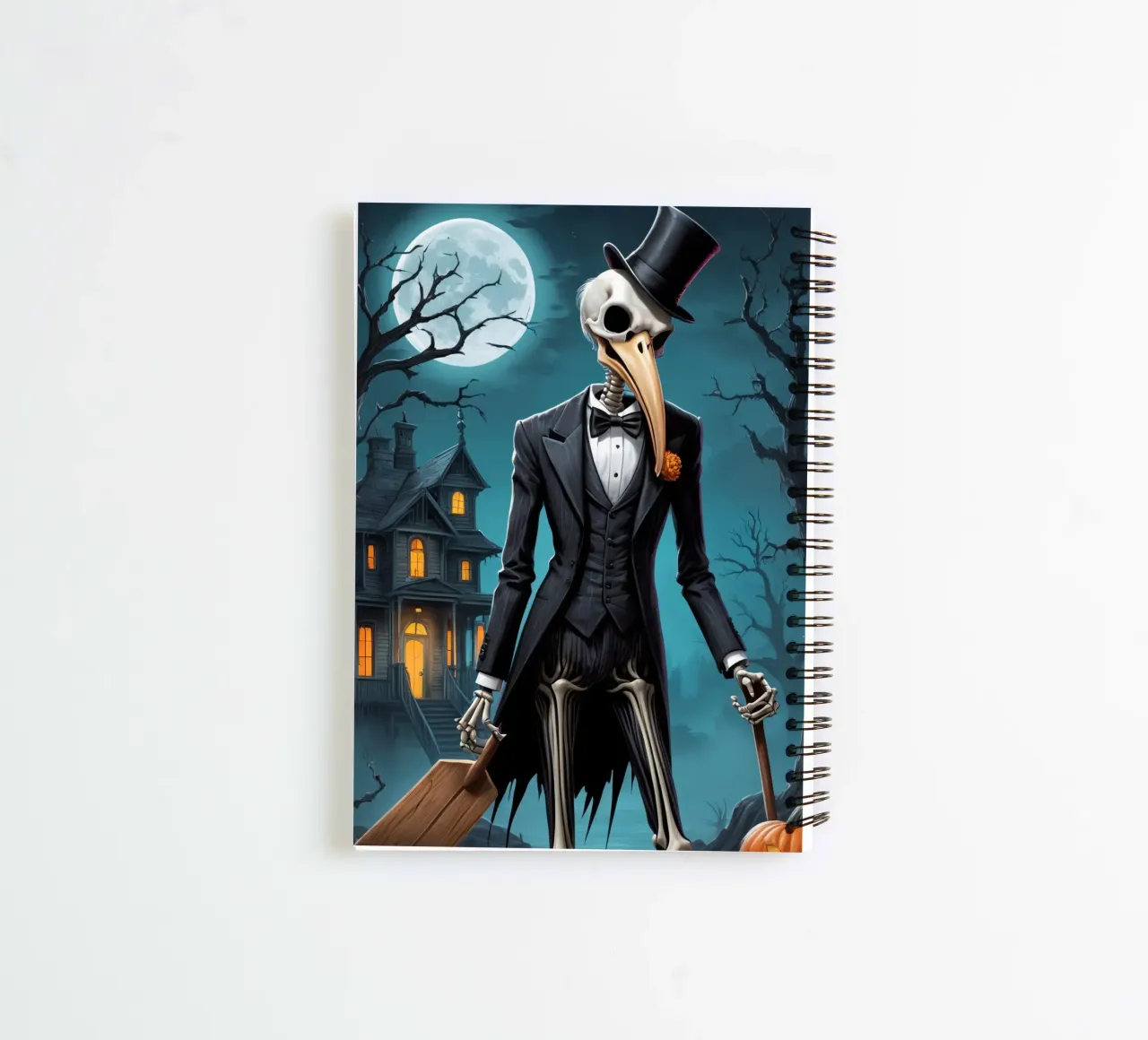 Skeleton in Tuxedo with Shovel and Pumpkin spiral notebook by DesignDoodle