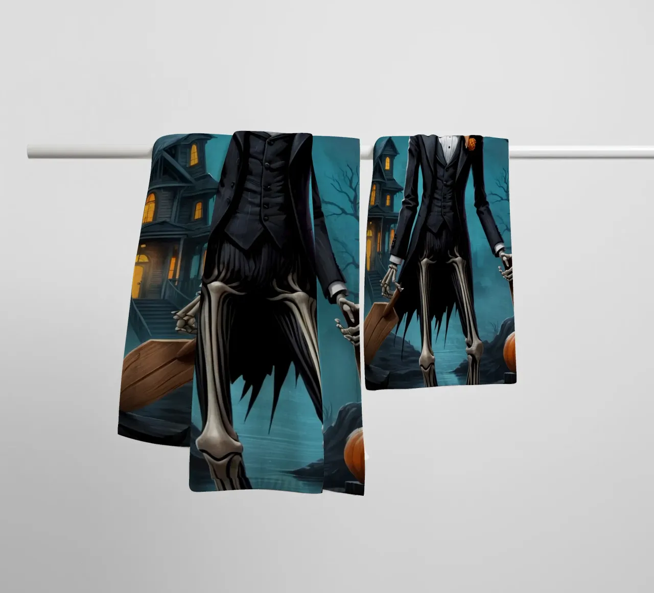 Scheletro in smoking con pala e zucca asciugamano da bagno da DesignDoodle