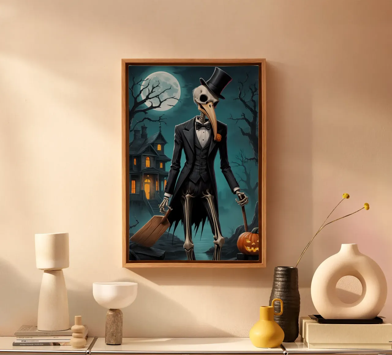 Scheletro in smoking con pala e zucca tela da DesignDoodle