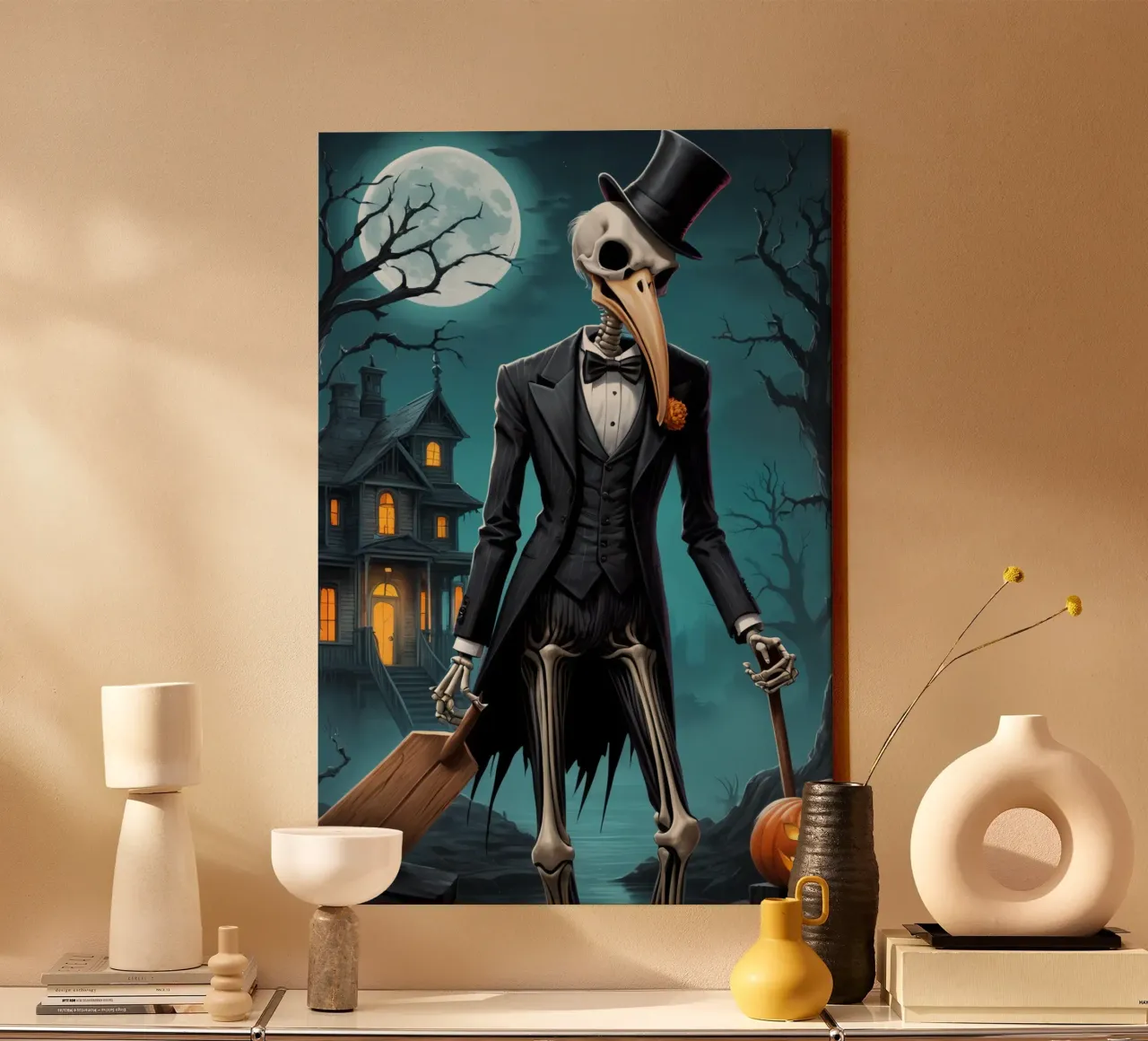 Scheletro in smoking con pala e zucca tela da DesignDoodle