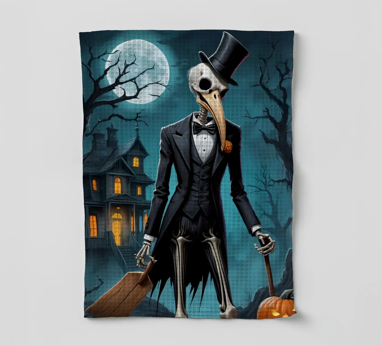 Scheletro in smoking con pala e zucca canovaccio da cucina da DesignDoodle