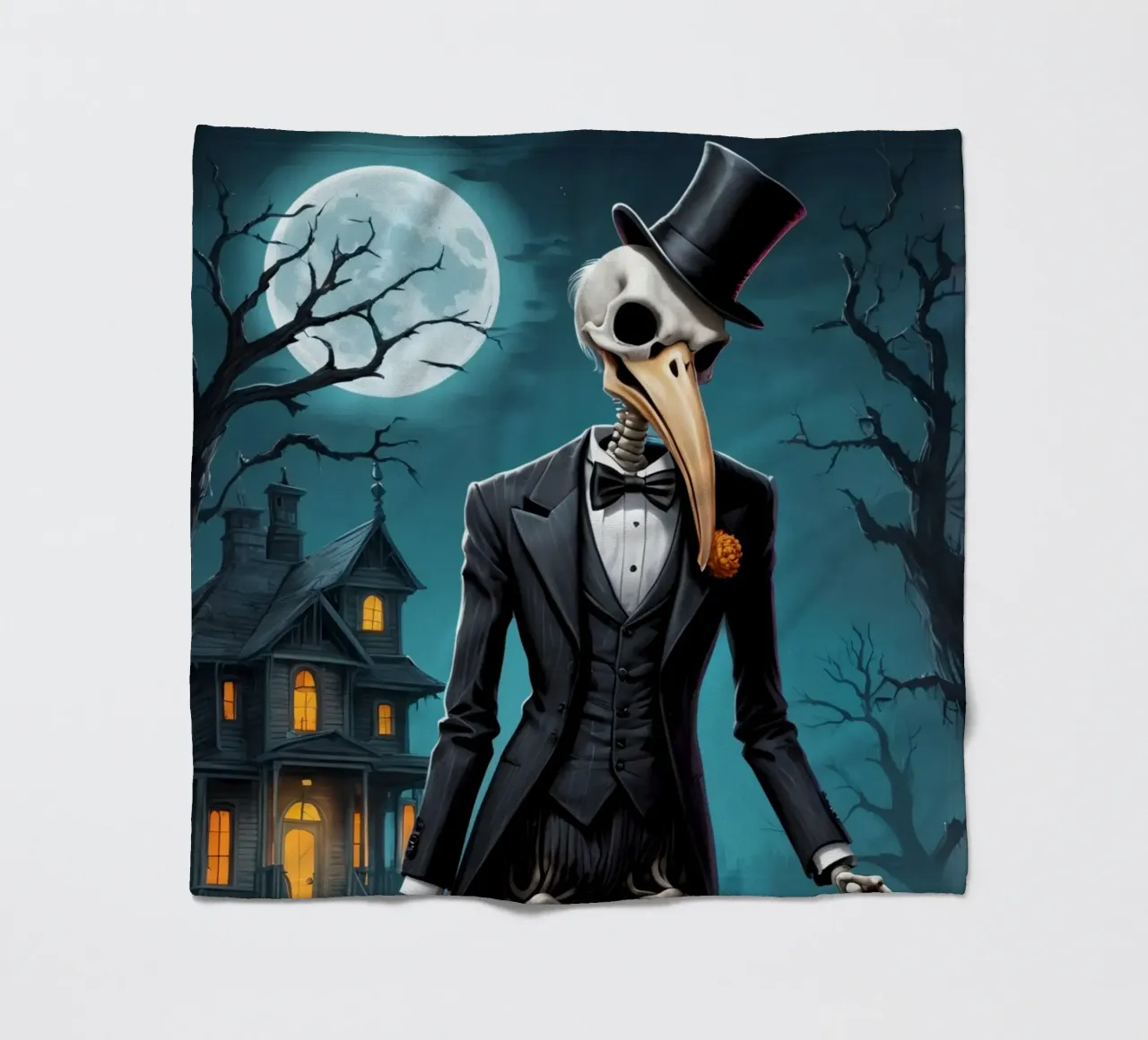 Scheletro in smoking con pala e zucca coperta in pile da DesignDoodle