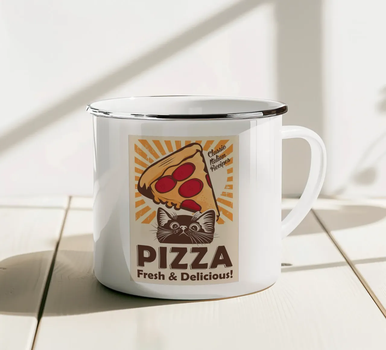 Gatto nero e pizza tazza in smalto da apple crumble