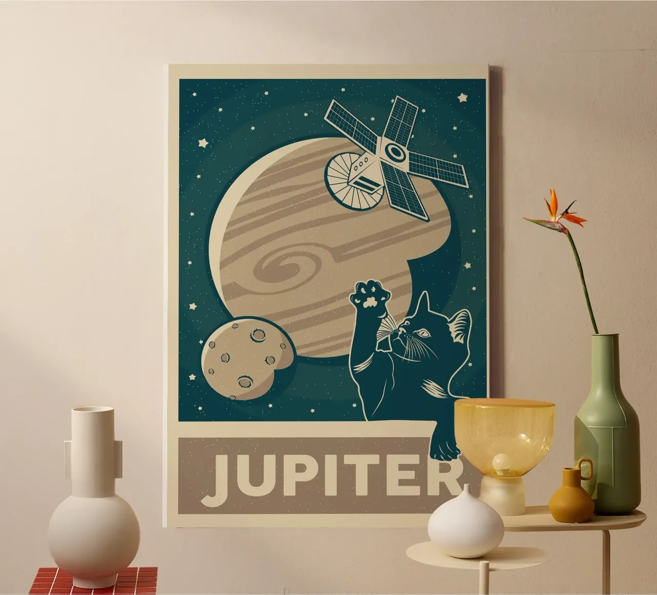 Retro Cat and Jupiter canvas by apple crumble