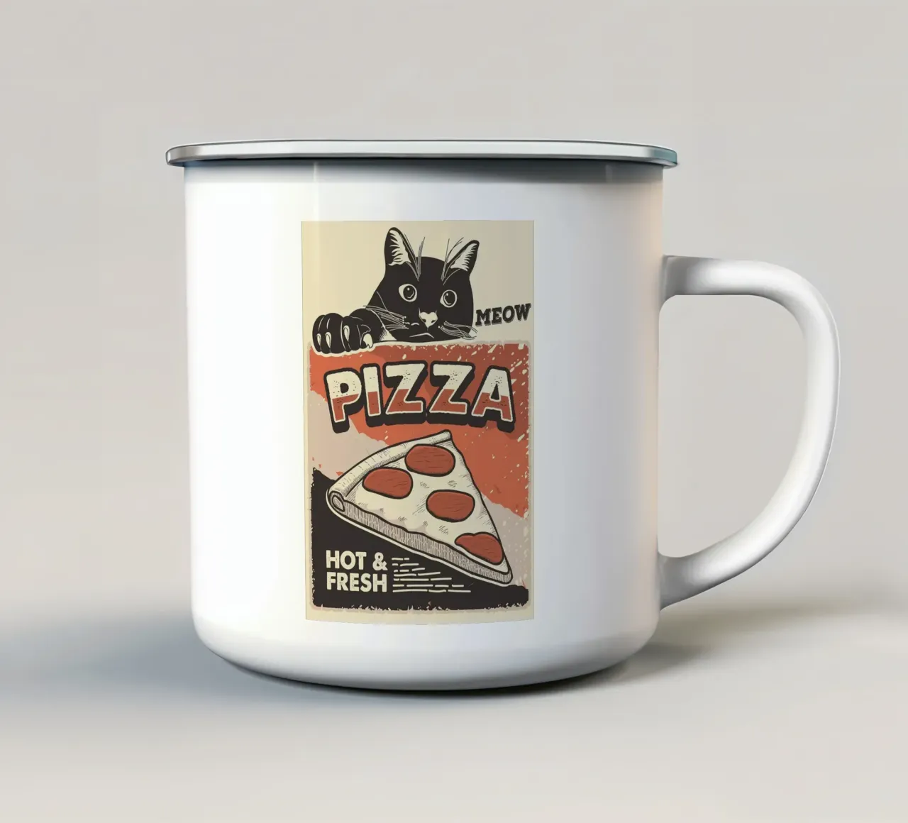 Meow Cat e la pizza tazza in smalto da apple crumble