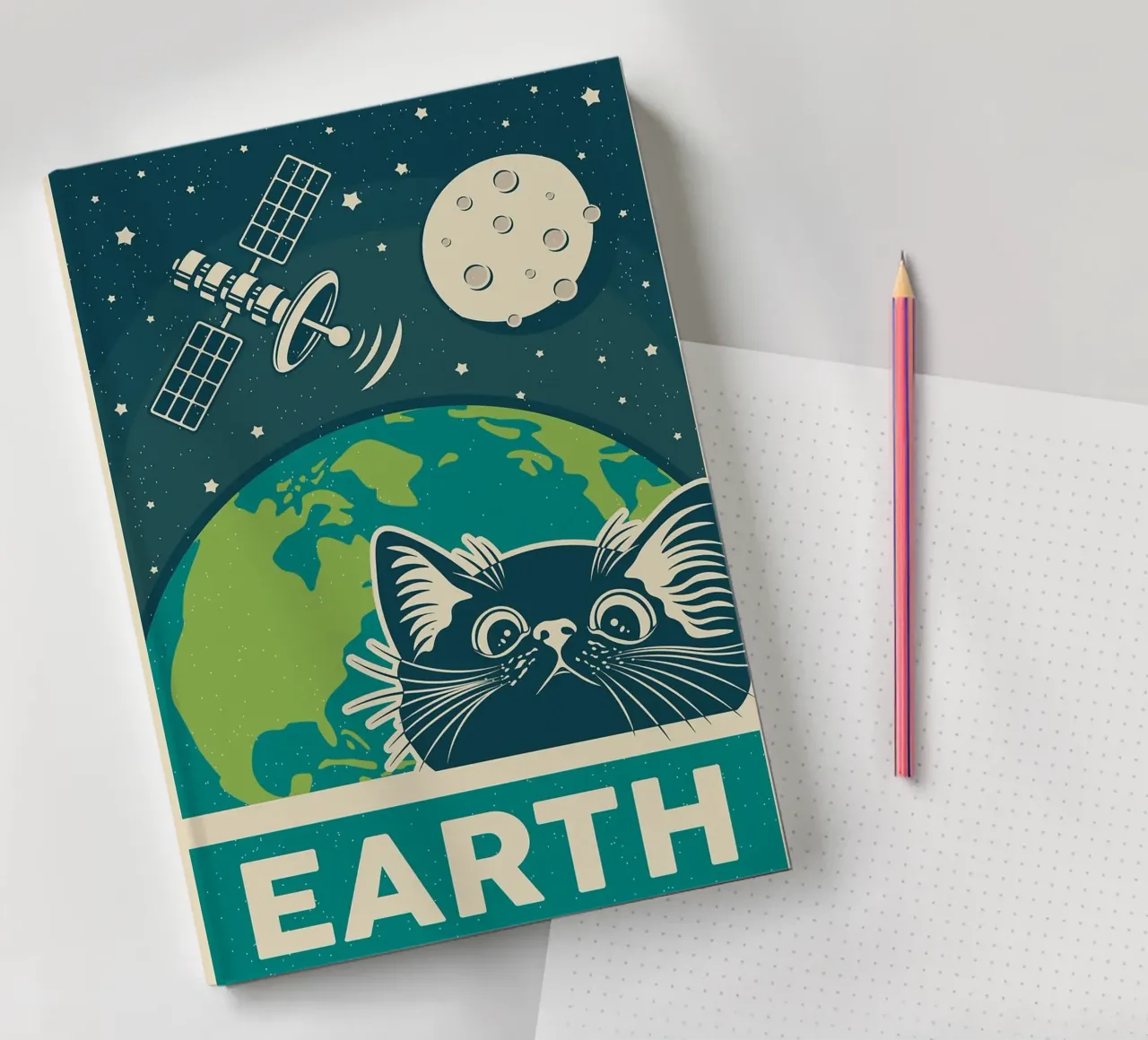 Retro Cat and Earth notebook by apple crumble