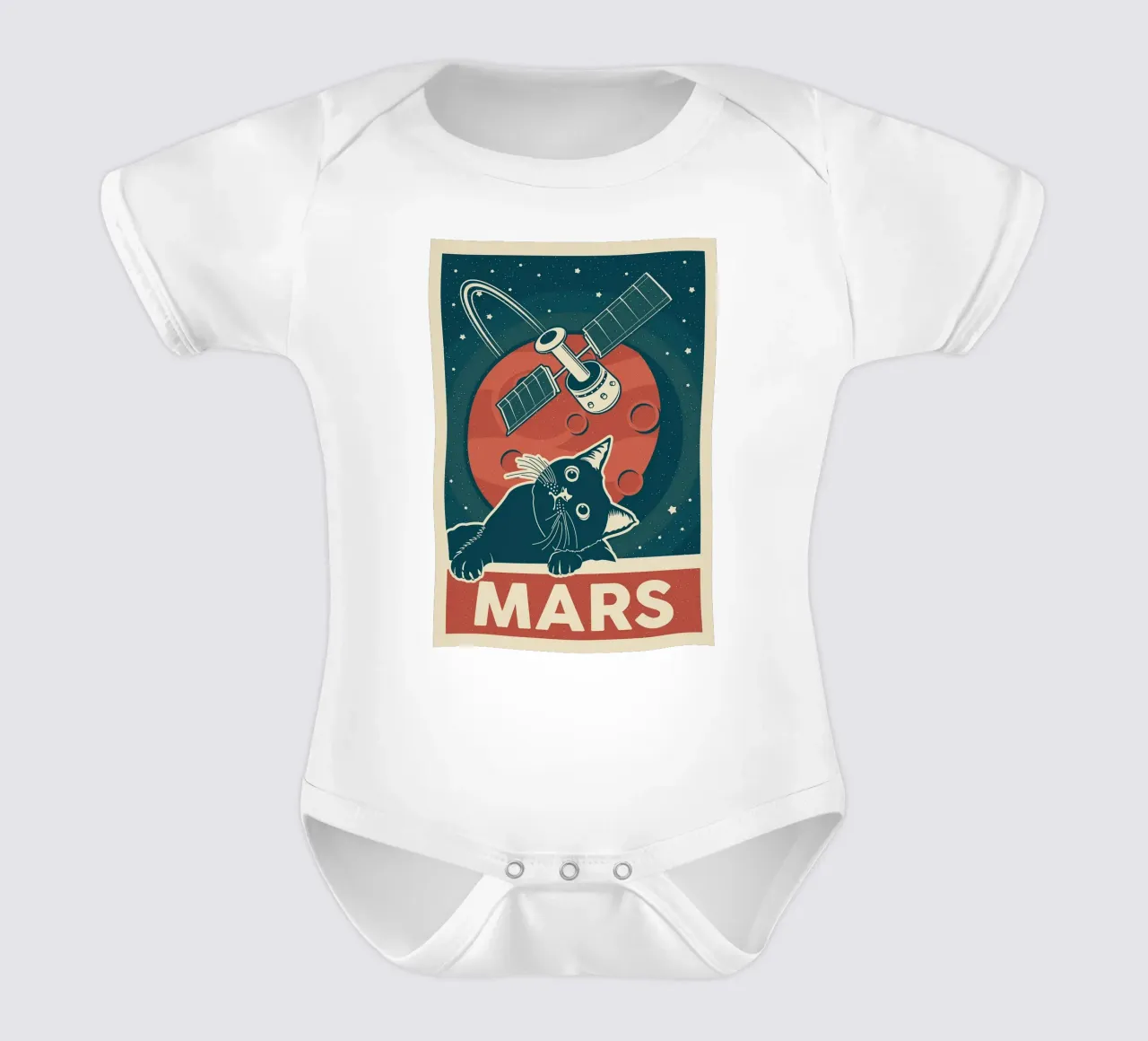 Retro Cat and Mars short-sleeve baby romper by apple crumble