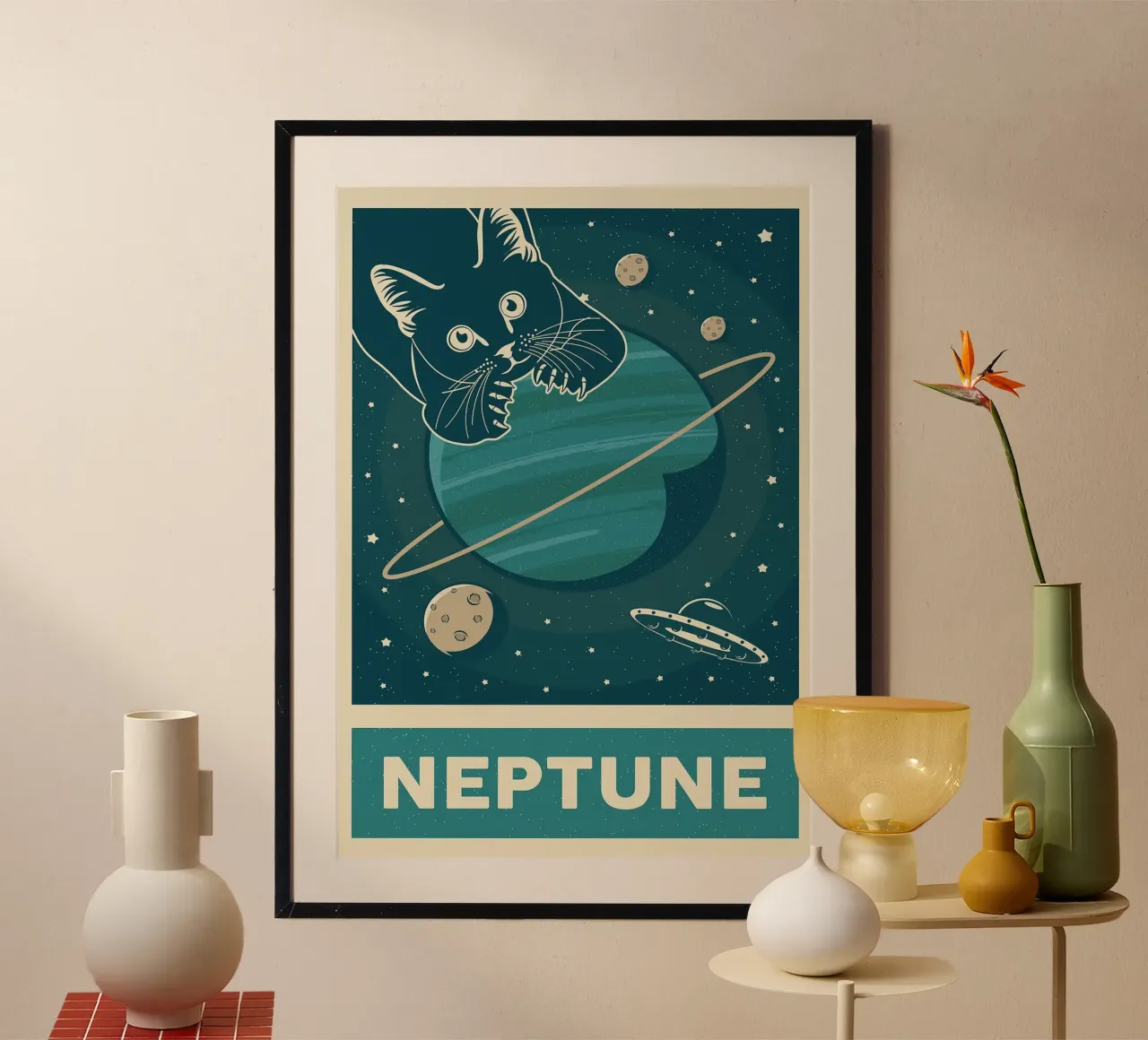 Gatto retrò e Nettuno poster da apple crumble