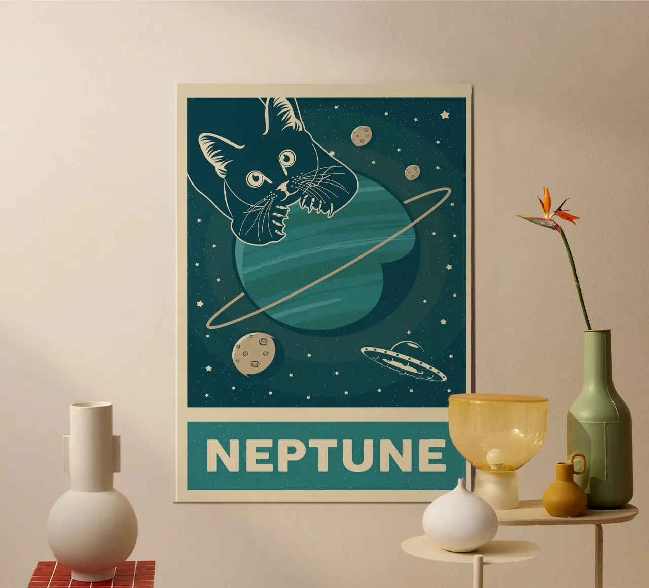 Gatto retrò e Nettuno poster da apple crumble