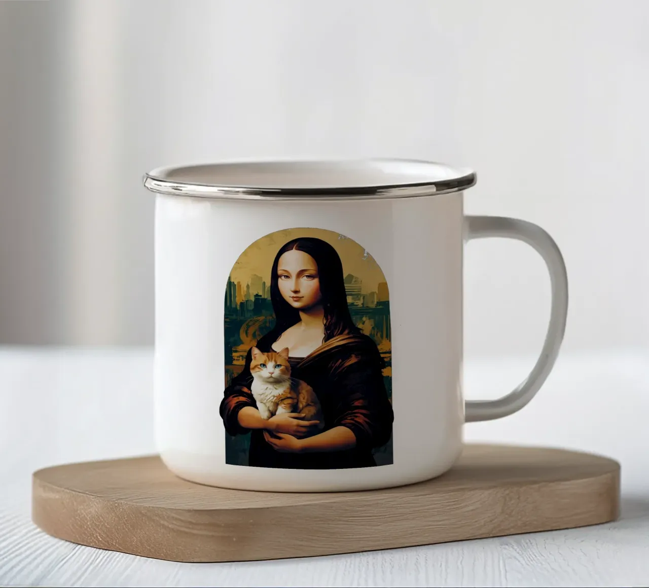 Mona Lisa and Her Feline Muse tazza in smalto da NEKKI