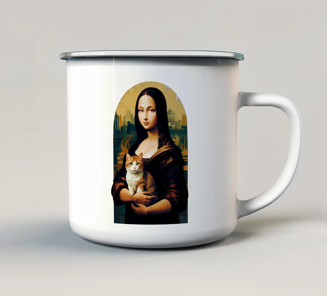 Mona Lisa and Her Feline Muse tazza in smalto da NEKKI