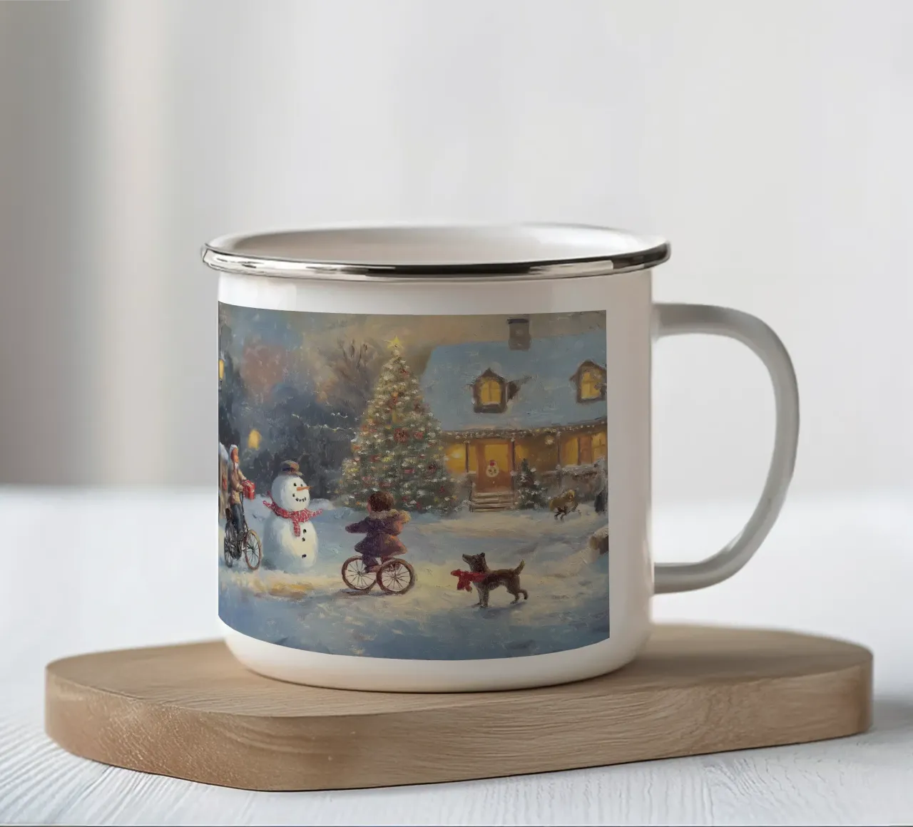Kerst idylle kind hond sneeuwpop thuis emaille mok van Cozy Vibes