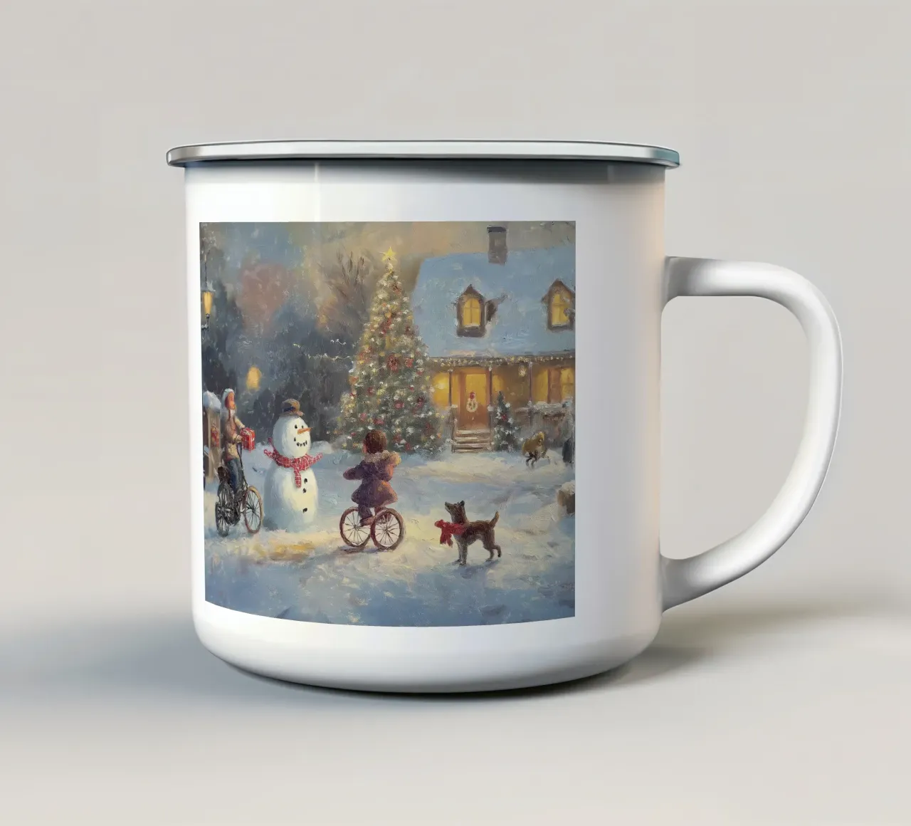 Kerst idylle kind hond sneeuwpop thuis emaille mok van Cozy Vibes