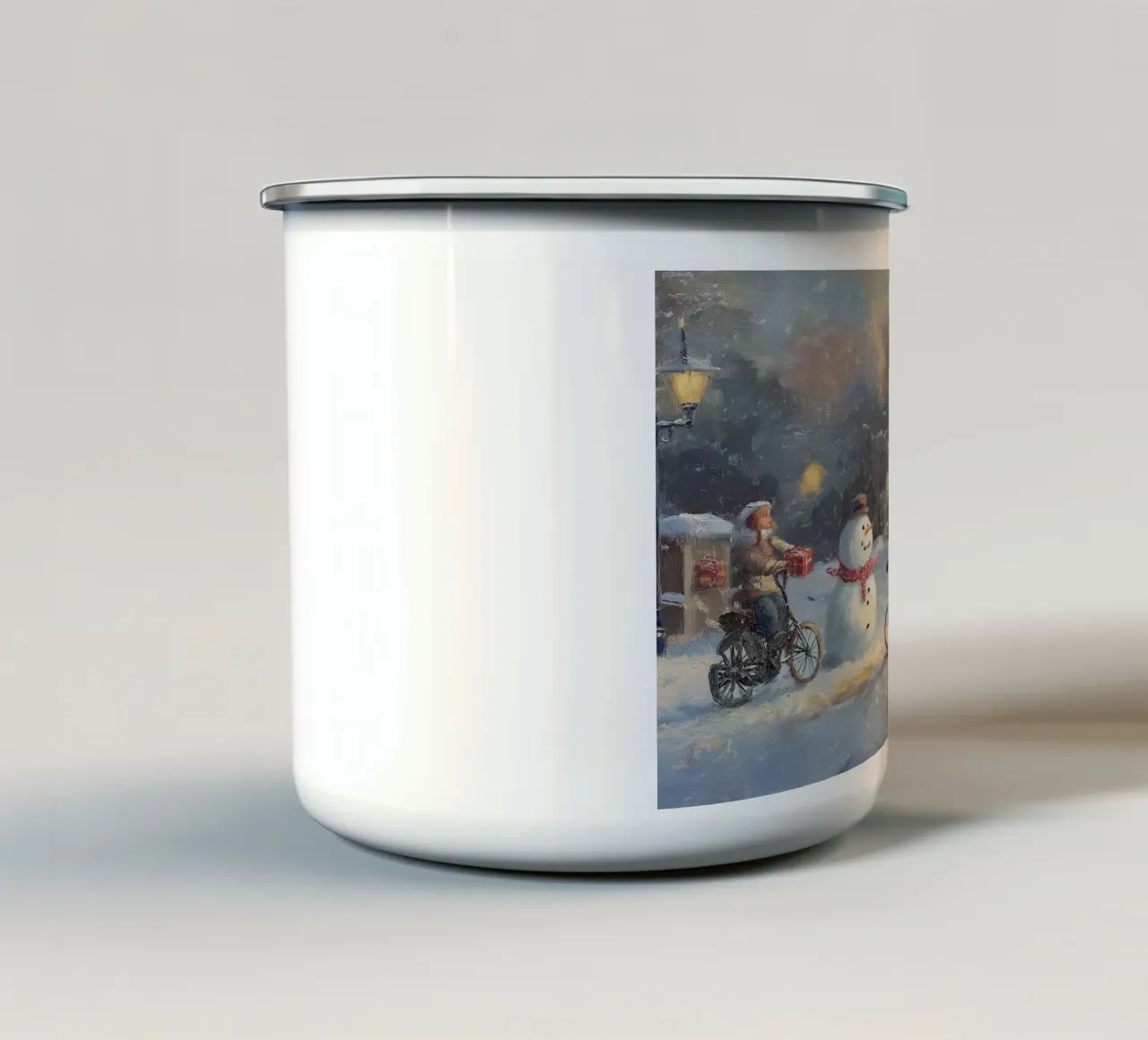 Kerst idylle kind hond sneeuwpop thuis emaille mok van Cozy Vibes