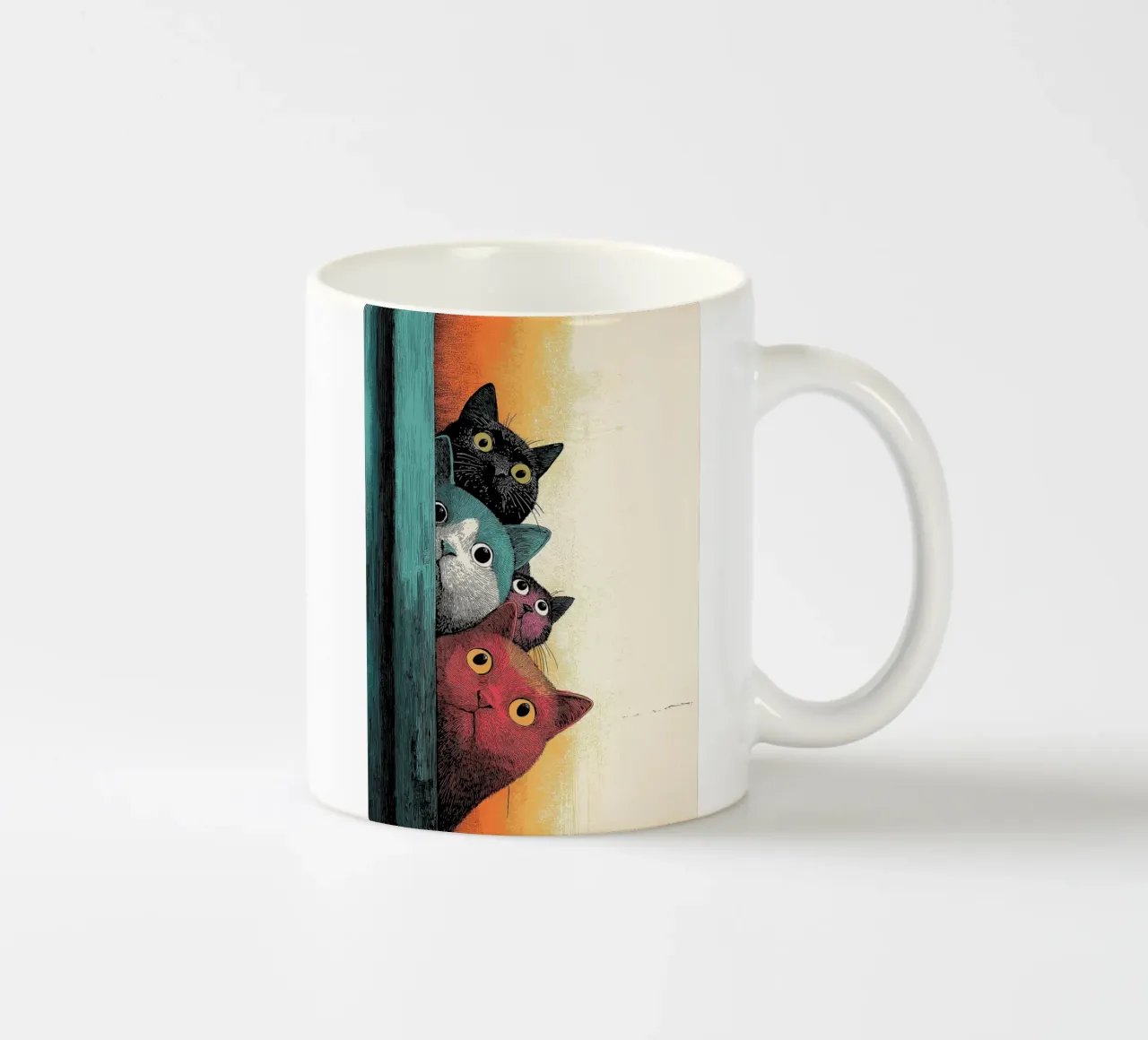 Curious Cat Parade_ Felini che sbirciano in colori vivaci tazza in ceramica da HARU HARU