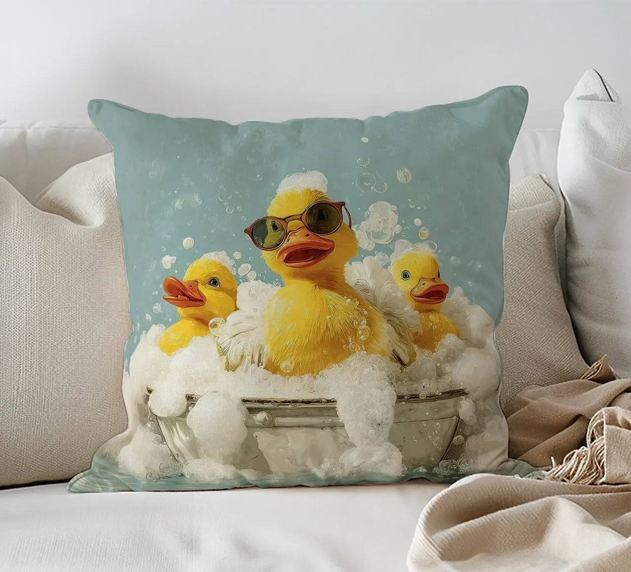 Duck Squad Soak - Retro Bubbelbad Vibes kussen van HARU HARU
