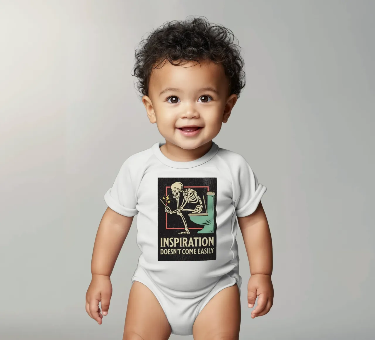 Lustiges Skelett auf der Toilette sitzend Inspiration kommt nicht Kurzarm Babybody von HARU HARU