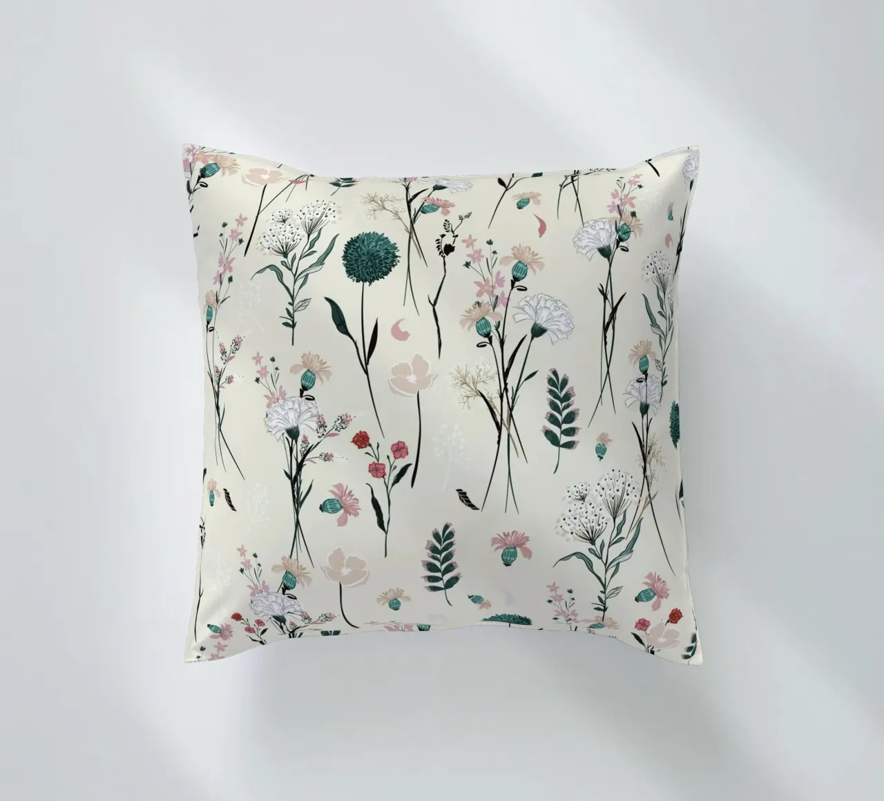 Delicate pattern of flowers and plants on a soft background decorative cushion by The joy of home