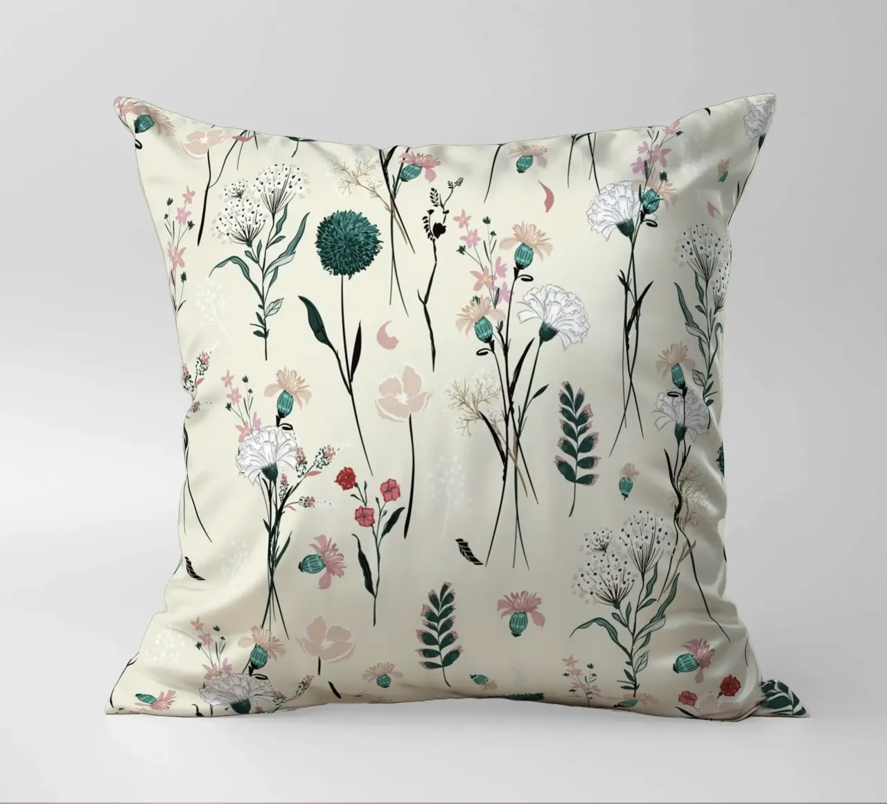 Delicate pattern of flowers and plants on a soft background decorative cushion by The joy of home