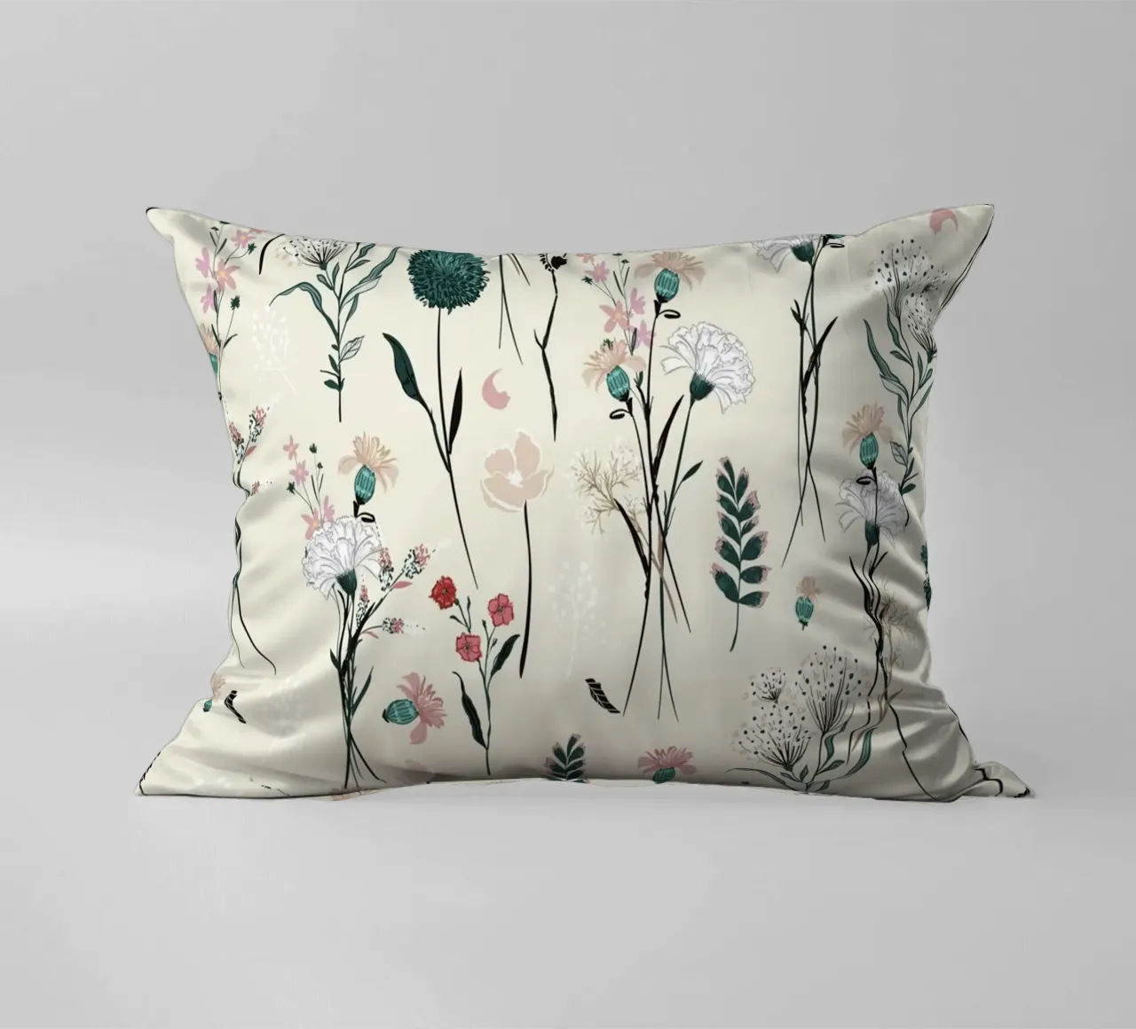 Delicate pattern of flowers and plants on a soft background decorative cushion by The joy of home