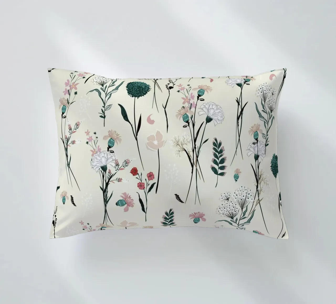 Delicate pattern of flowers and plants on a soft background decorative cushion by The joy of home