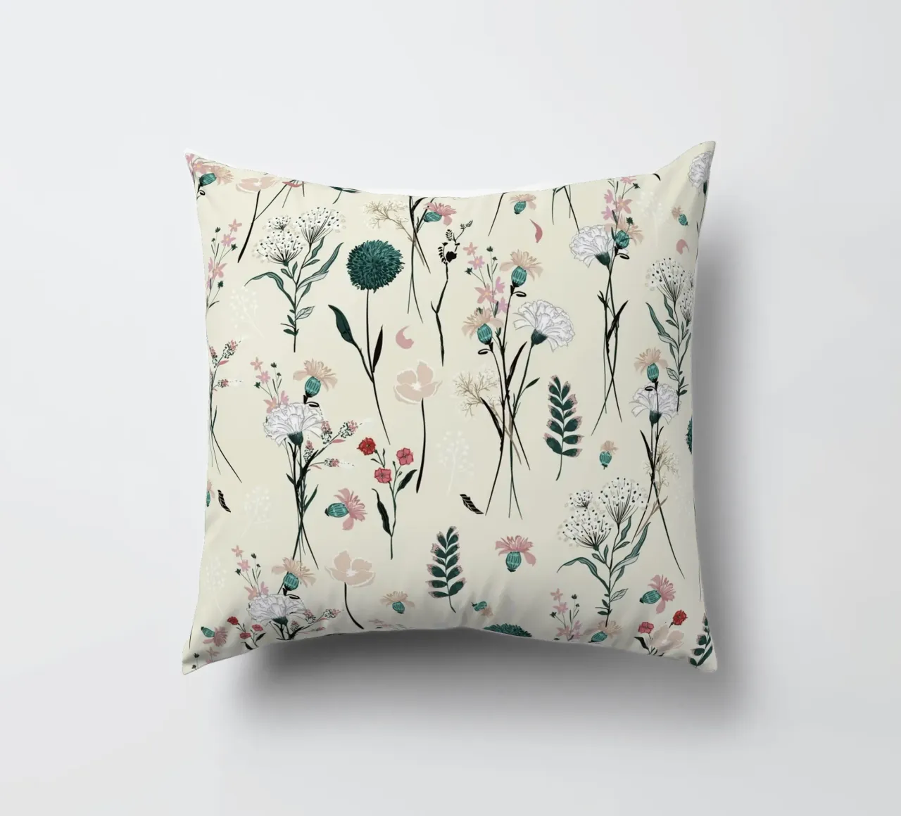 Delicate pattern of flowers and plants on a soft background decorative cushion by The joy of home