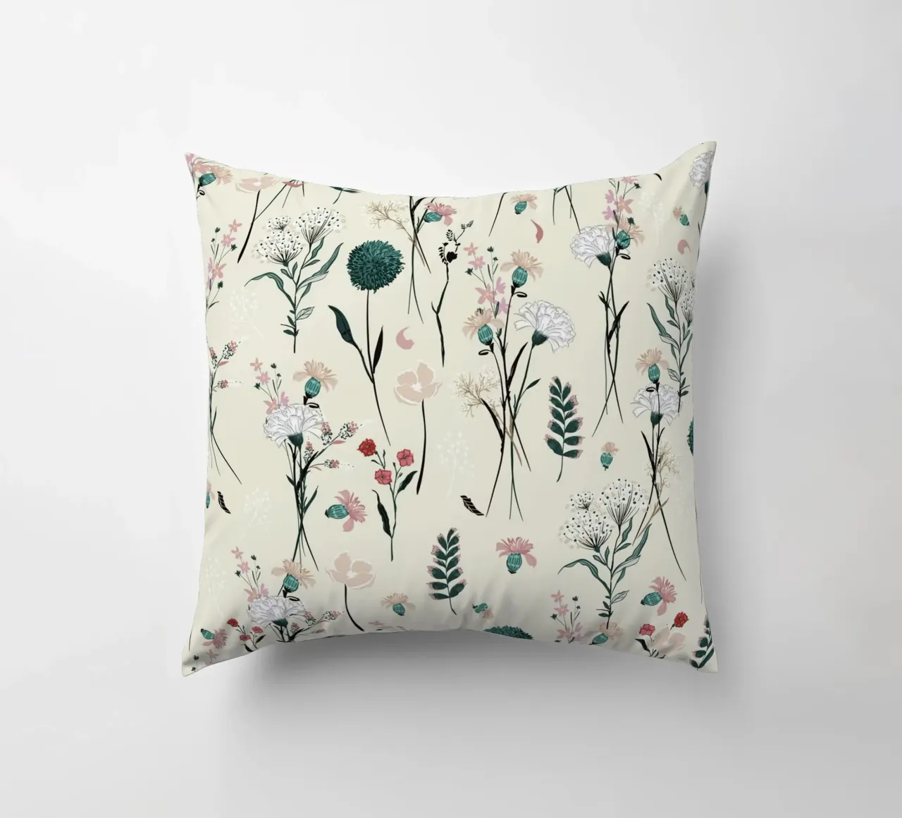 Delicate pattern of flowers and plants on a soft background decorative cushion by The joy of home
