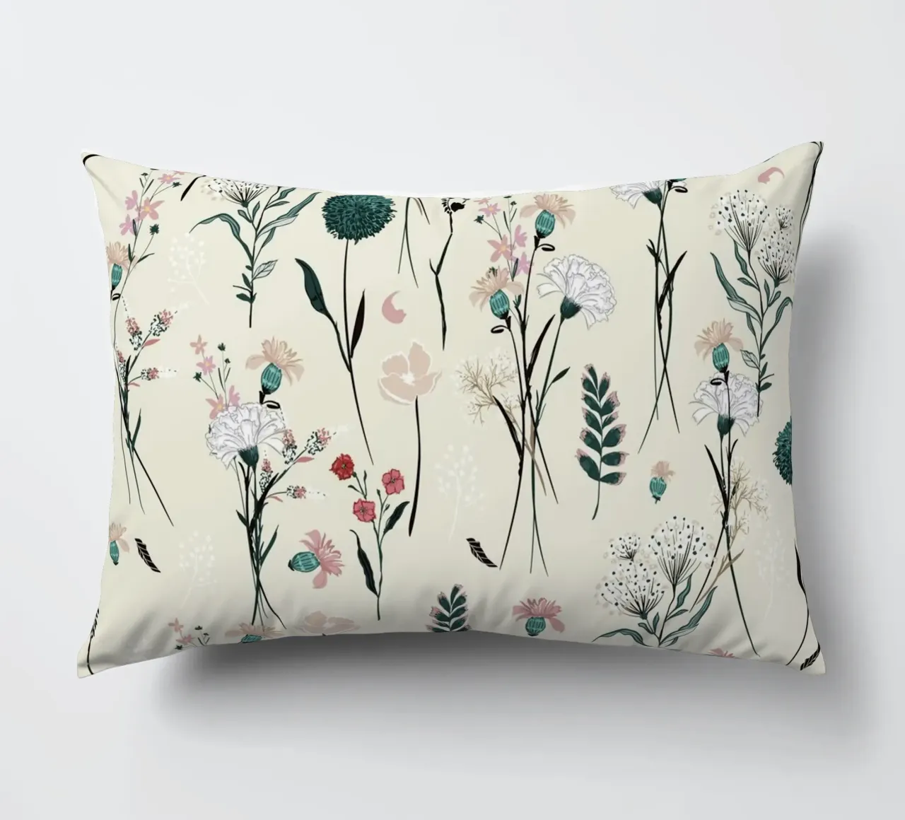 Delicate pattern of flowers and plants on a soft background decorative cushion by The joy of home