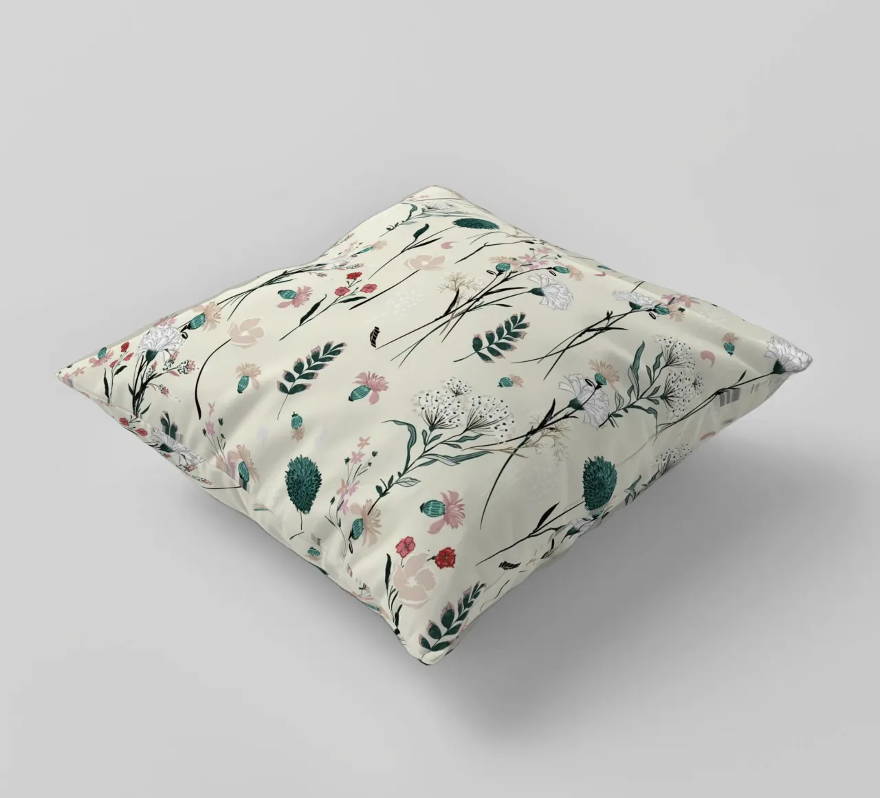 Delicate pattern of flowers and plants on a soft background decorative cushion by The joy of home