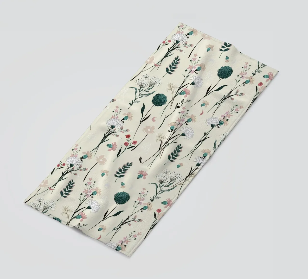 Delicate pattern of flowers and plants on a soft background beach towel by The joy of home