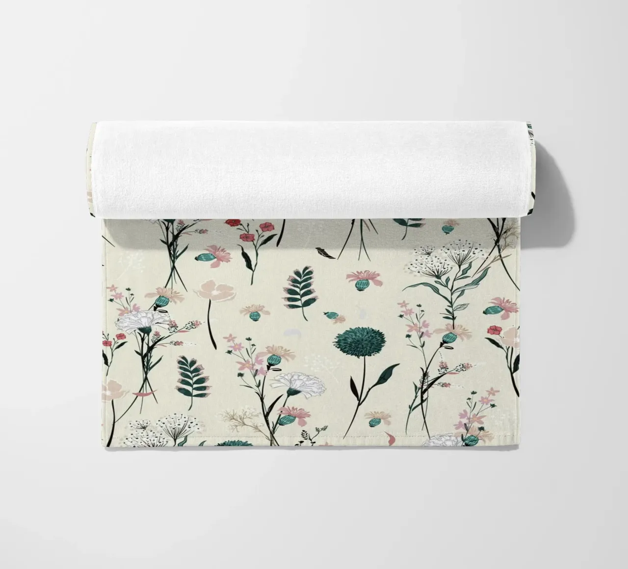 Delicate pattern of flowers and plants on a soft background beach towel by The joy of home