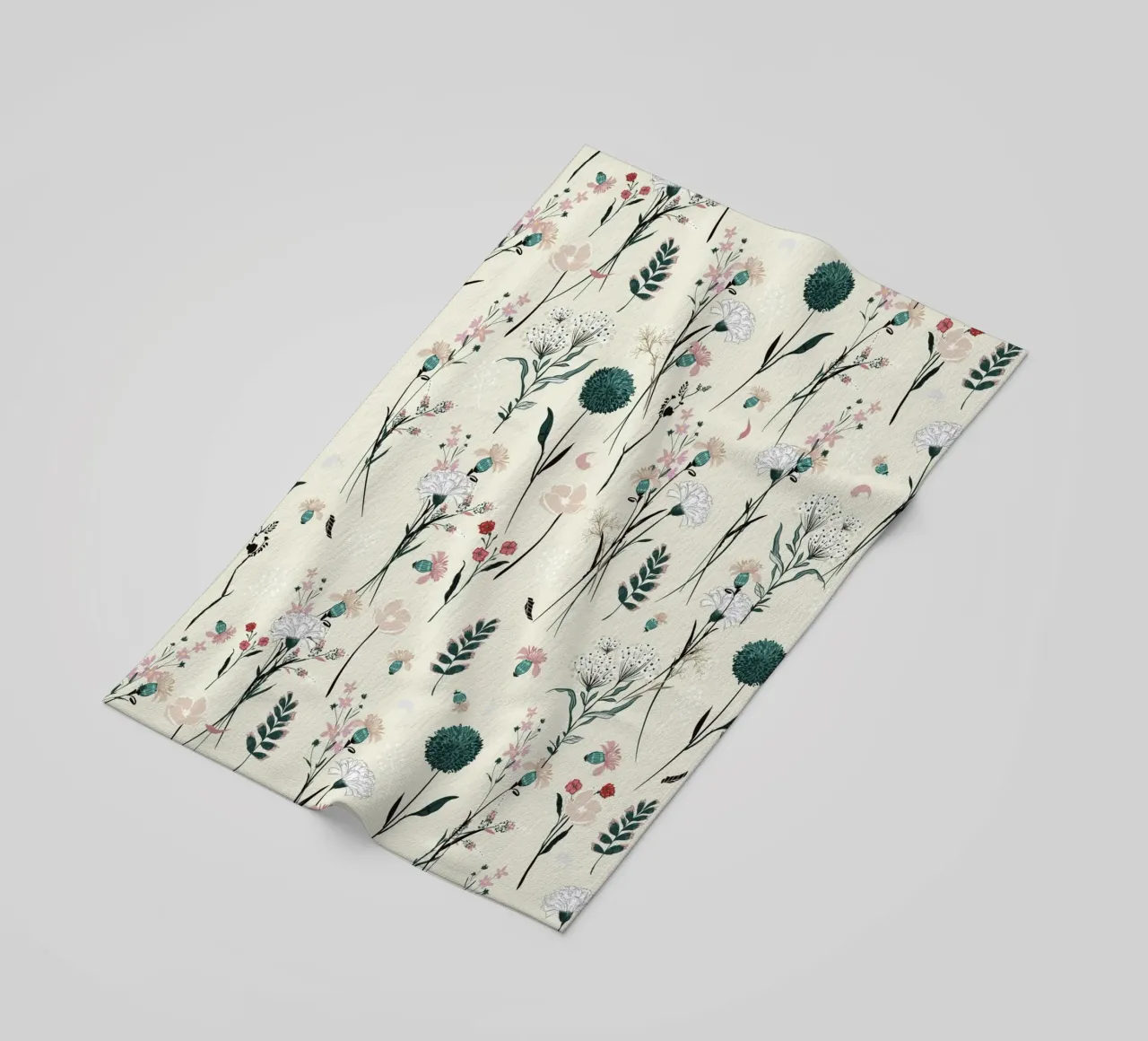 Delicate pattern of flowers and plants on a soft background beach towel by The joy of home