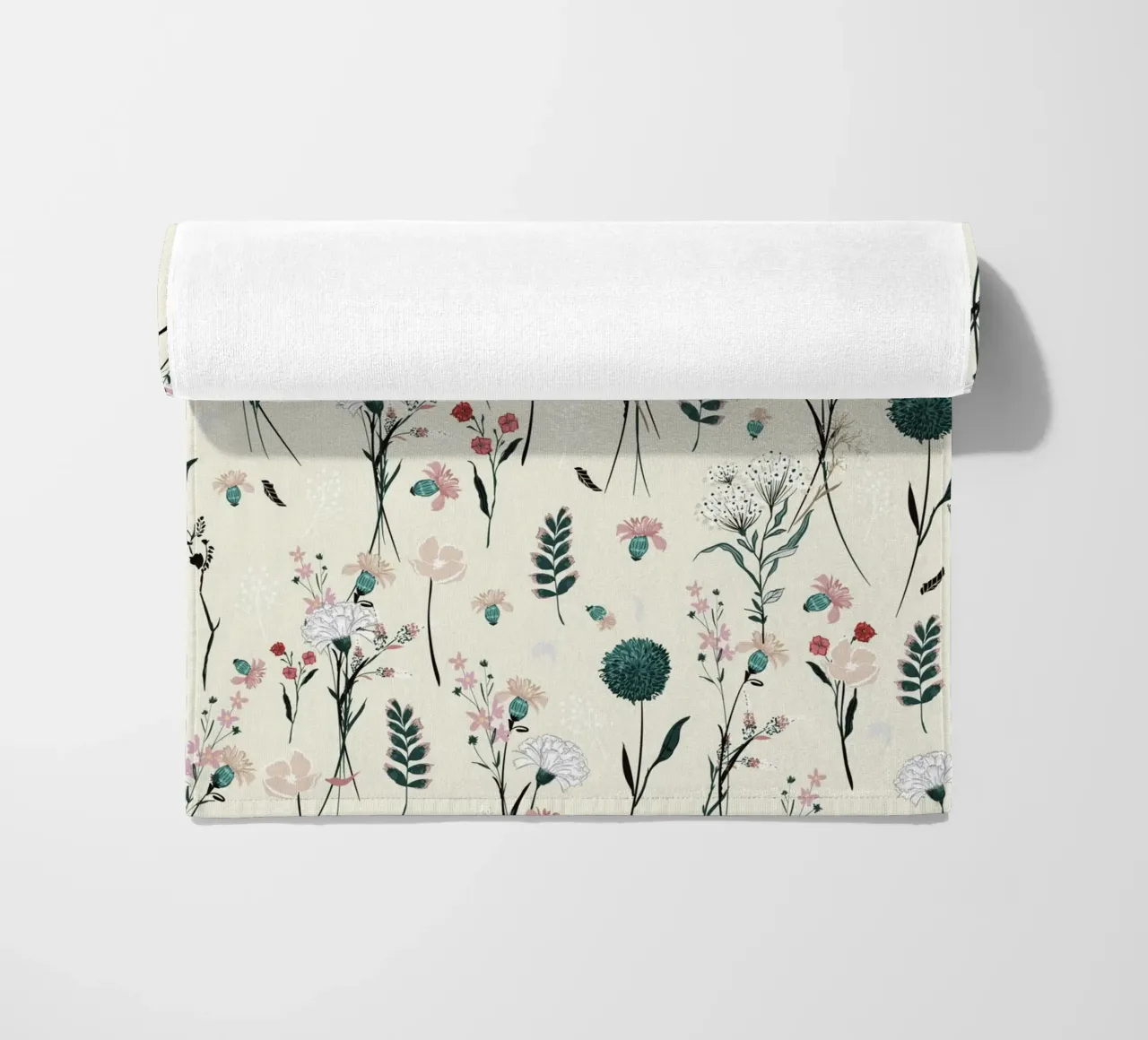 Delicate pattern of flowers and plants on a soft background beach towel by The joy of home